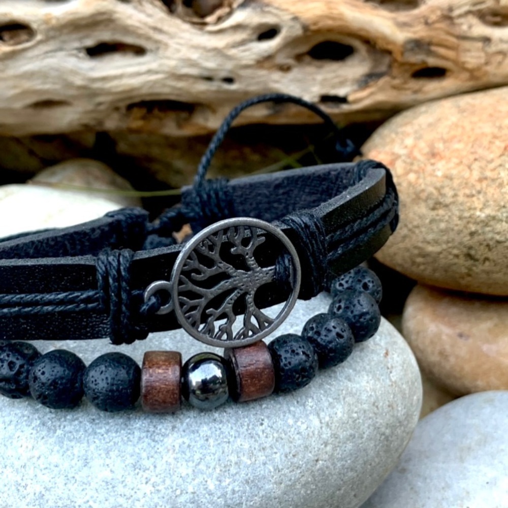 Infinity Tree Leather & Lava Stone Bracelet Duo